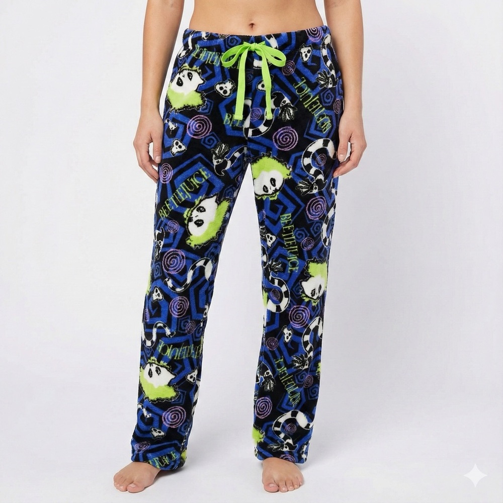 Coco Brands Cozy Blue & Black Beetlejuice Skulls Pajama Pants S Loungewear EUC